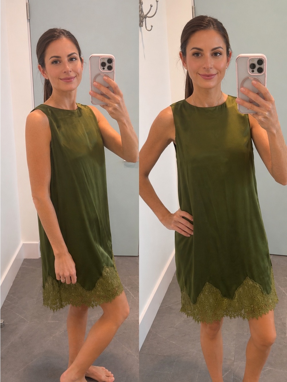 Reformation Olive Green Silk Lace-Trim Sleeveless Shift Dress, Like New